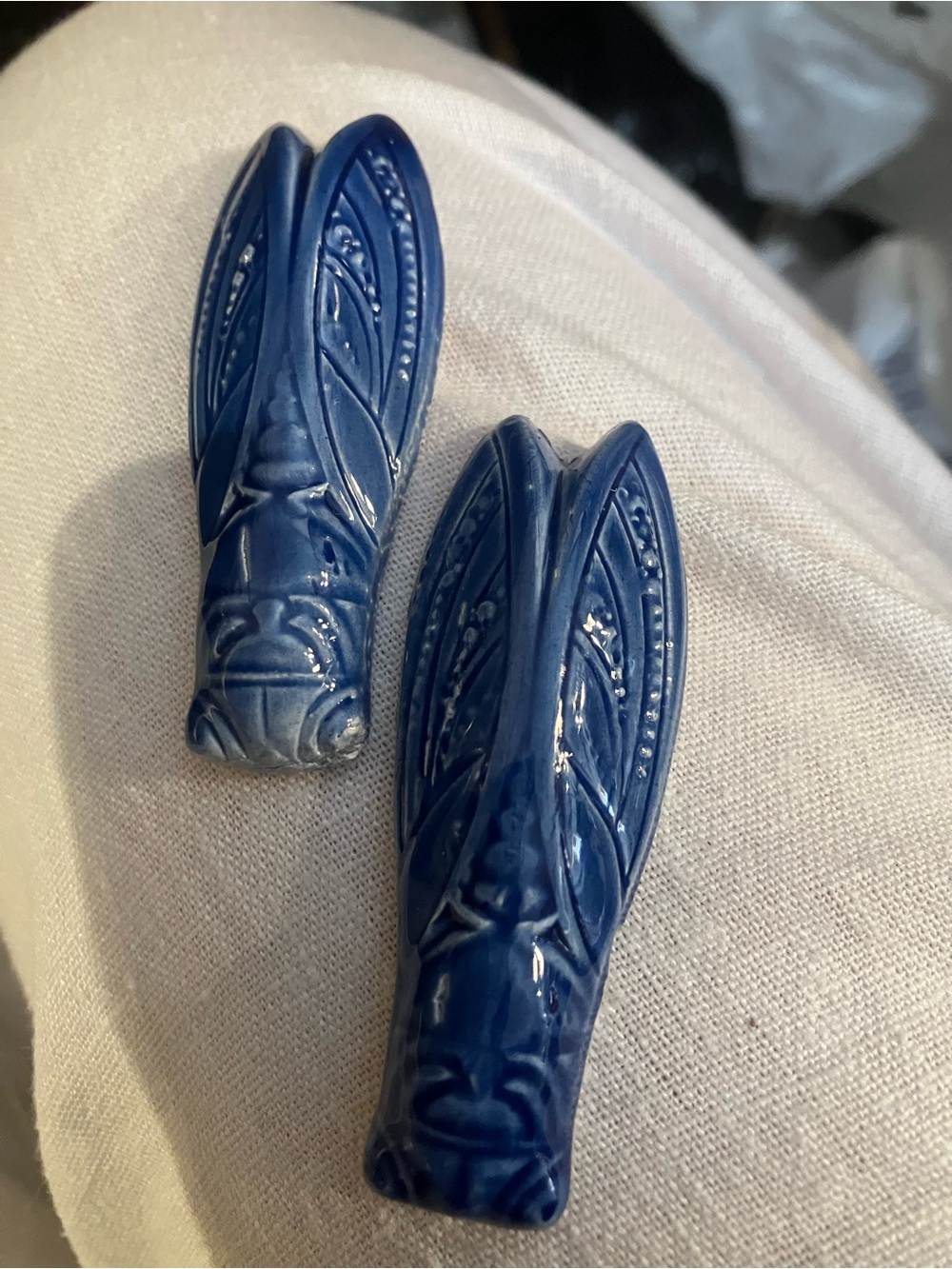 Two vintage French pottery, good luck, cicada, bug knife, rest rest